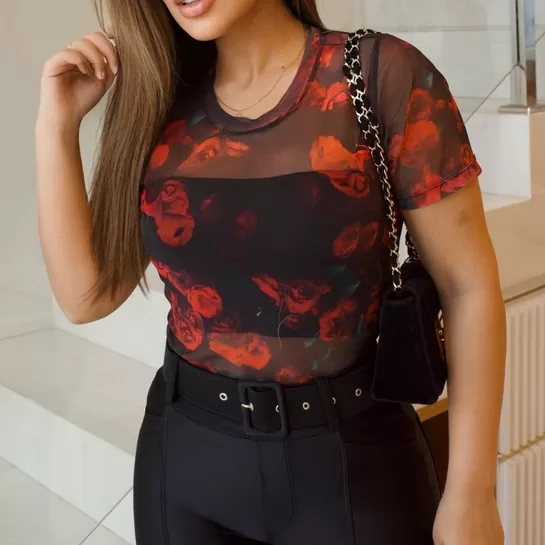 Blusa Tule Manga Curta Tshirt Básica Feminina Cam