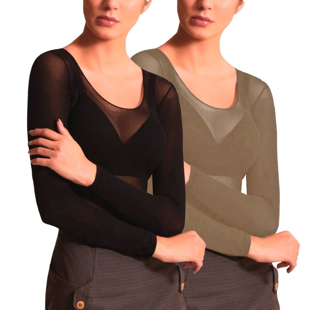 Camisete Feminina Microfibra Segunda Pele Manga Longa Decotada Fio 40 Pó de Arroz Preta Cor da Pele
