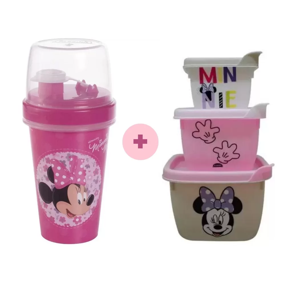 Kit Lanche Infantil 4 Peças Vasilha + Garrafinha Pote Plástico Escolar Lancheira de Criança Marmita