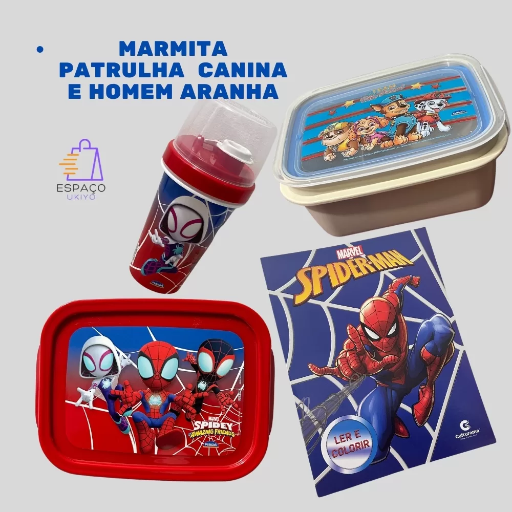 Kit Marmita Hermética Pote Patrulha Canina/Homem Aranha Mini Shakeira Livro de Colorir 8Pgs