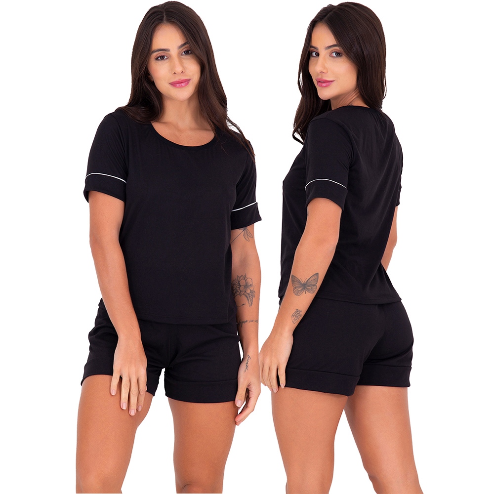 Pijama Feminino Estilo Manga Curta Suede