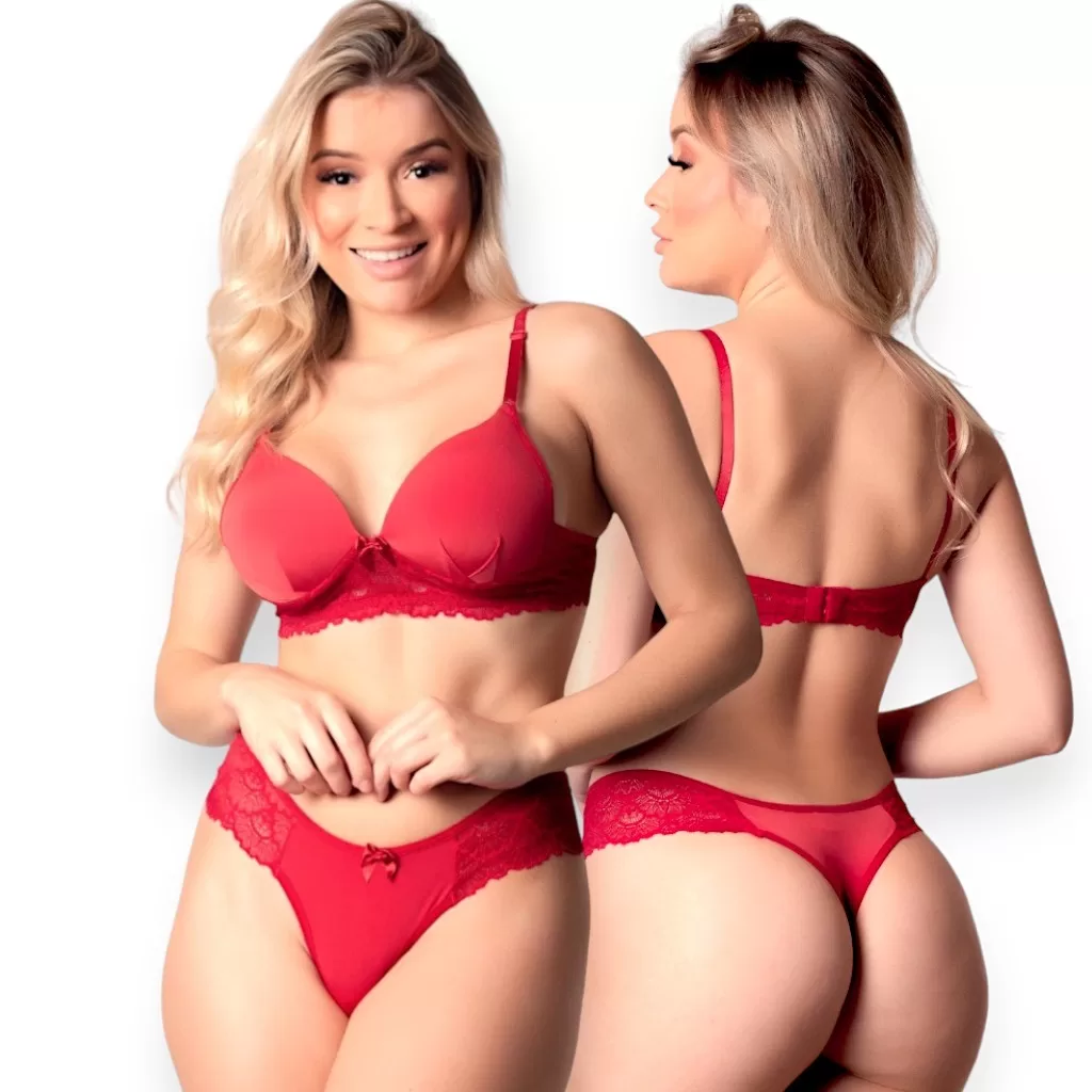Conjunto Lingerie Ellen Calcinha e Sutiã com Bojo Conforto Detalhe Renda