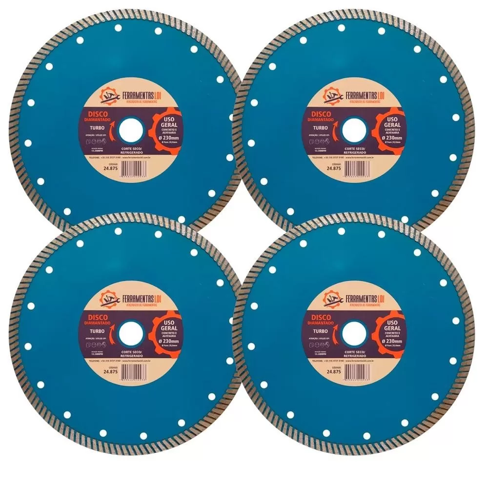 Kit 4 Disco Diamantado 9 Polegadas 230mm Turbo Furo 22mm Ldi Ferramentas