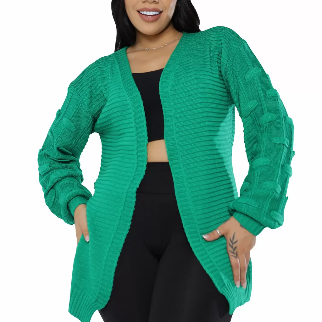 Blusa Casaco Cardigan Tricô Manga Longa Bufante