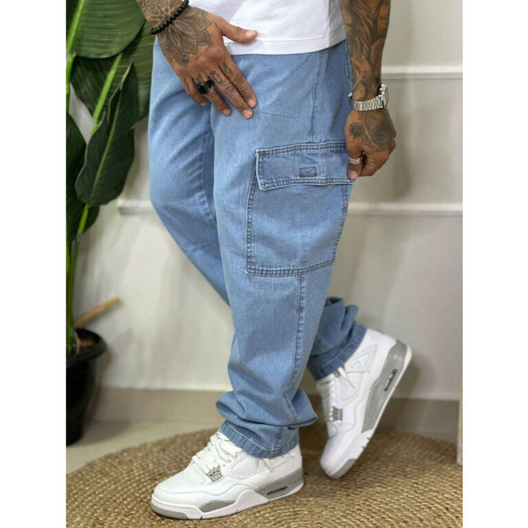 Calça Masculina Cargo Jeans Claro  Cos Elástico 