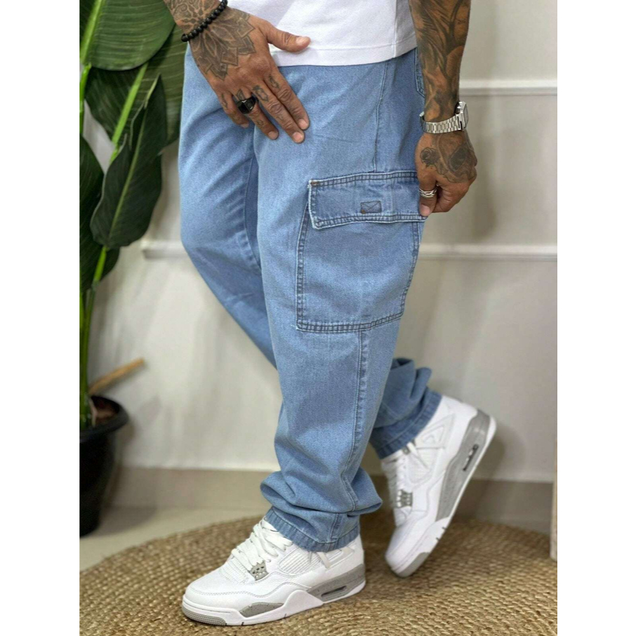 Calça Masculina Cargo Jeans Claro  Cos Elástico Cordão Skatista