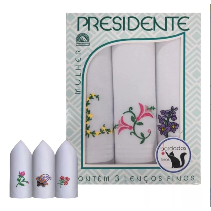 Kit 3 Lenços Presidente Bordados 30×30 Algodão Bordados Sortidos Delicados