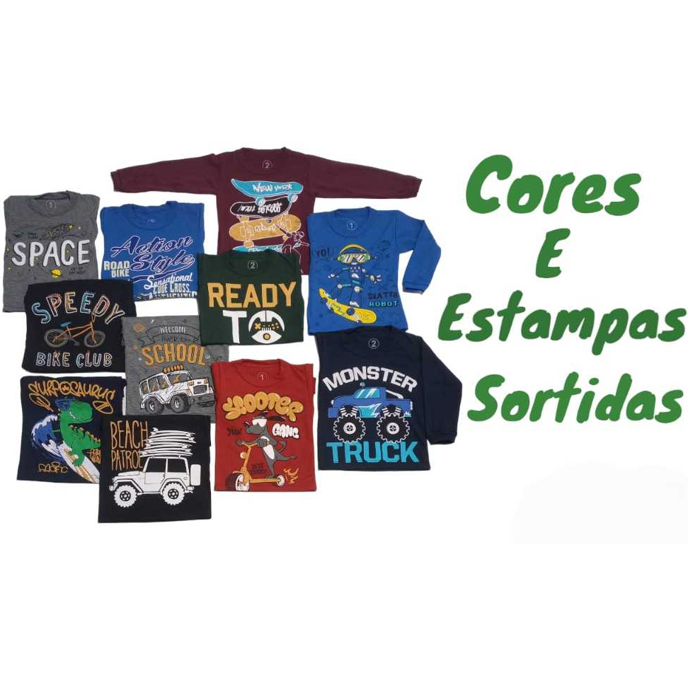 Kit 3 Camiseta Infantil Manga Longa Inverno Menino Cores e Estampas Sortidas 01 ao 03 100% Algodão