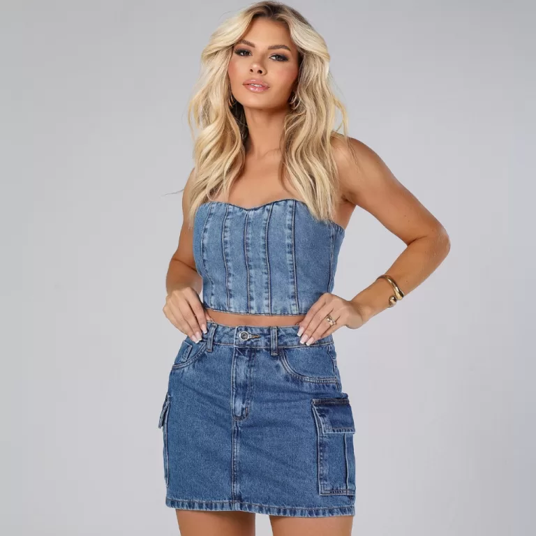 Saia Cargo Jeans 100% Algodão Sem Lycra Mini Saia