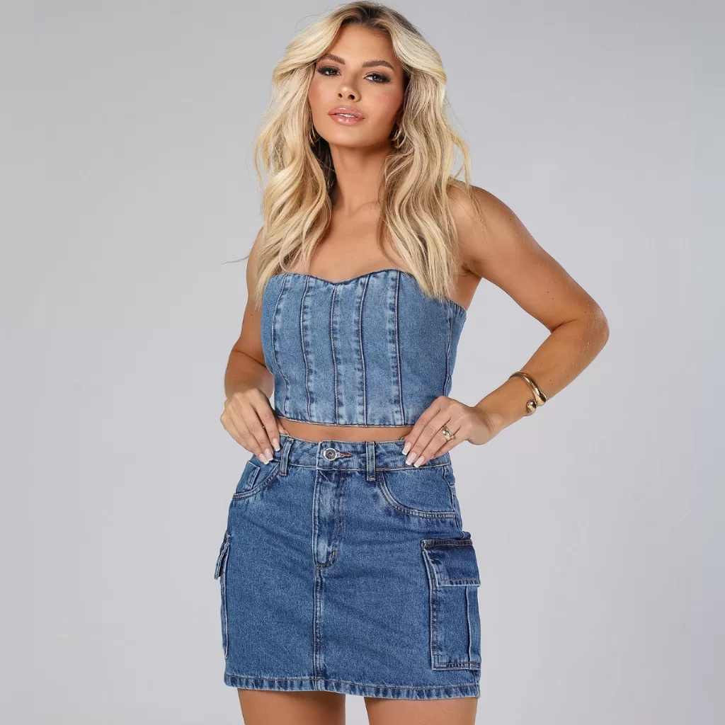 Saia Cargo Jeans 100% Algodão Sem Lycra Mini Saia Curta Feminina  Cós Alto Com Bolsos Laterais
