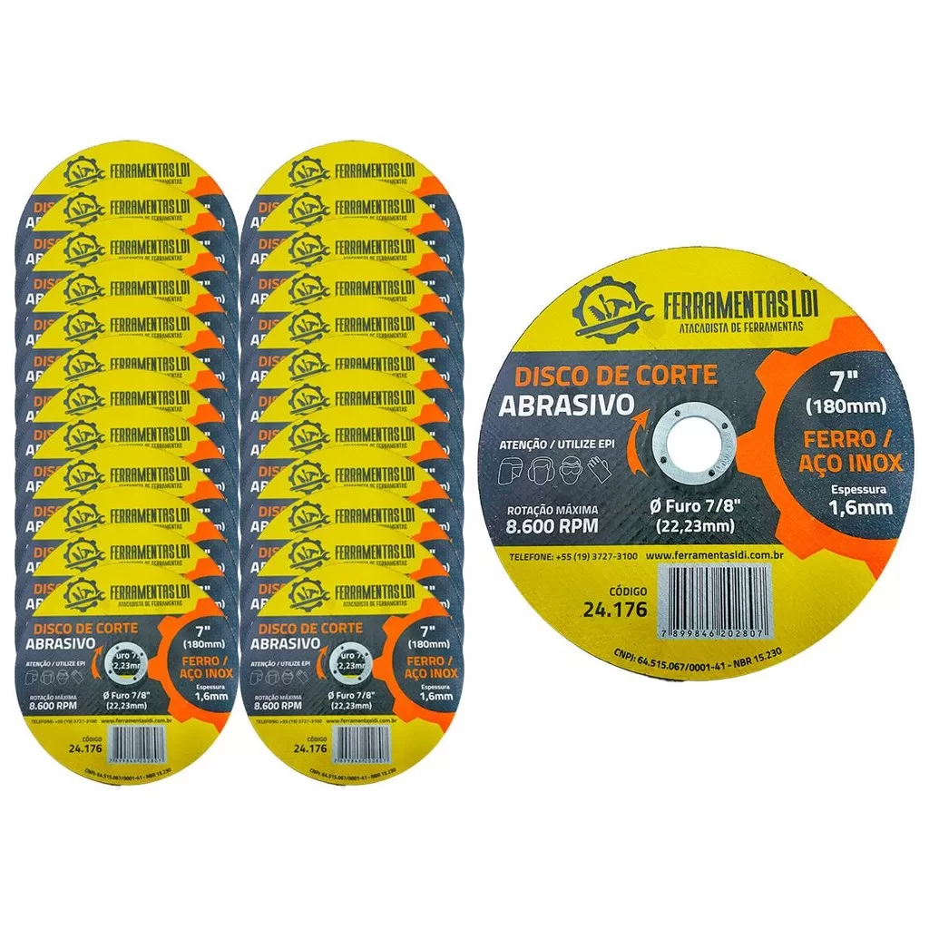 25 Peças Disco De Corte 7 Polegadas 180mm Fino Aço Inox Ferramentas LDI