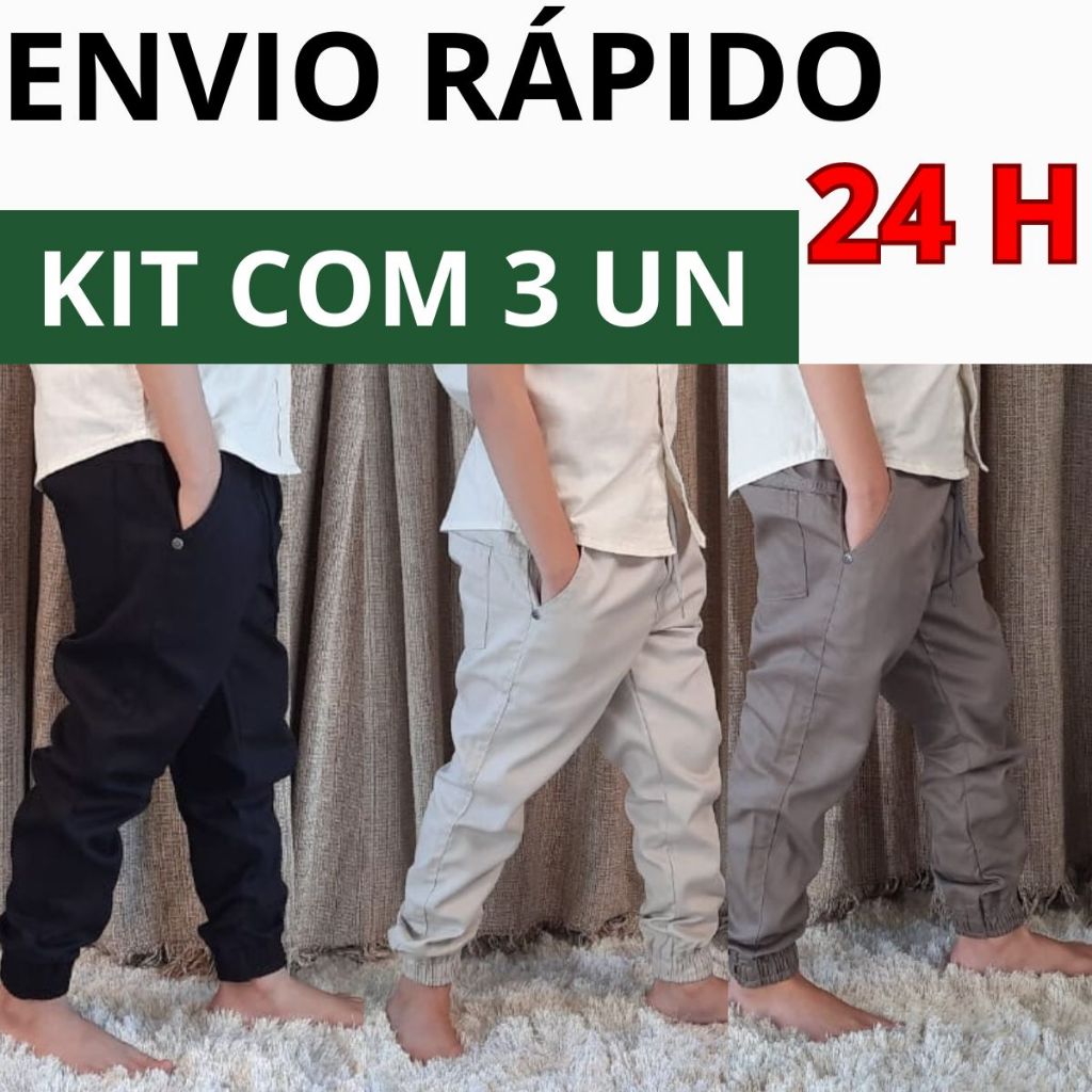 Kit 3 Calças Jogger Infantil Menino Coloridas  4 Bolsos