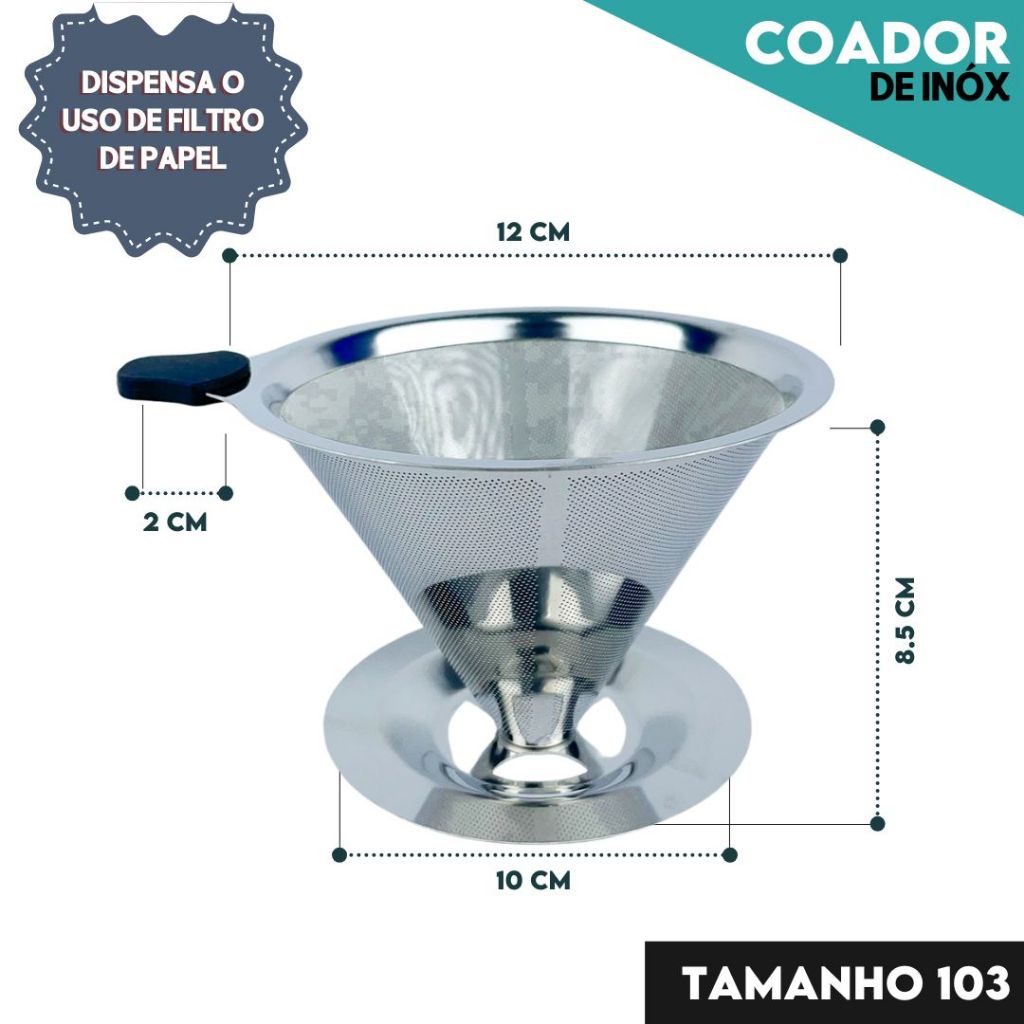 Filtro Coador De Café Inox 103 – Com Pegador em Silicone – Peneira Aço Reutilizável  – CH