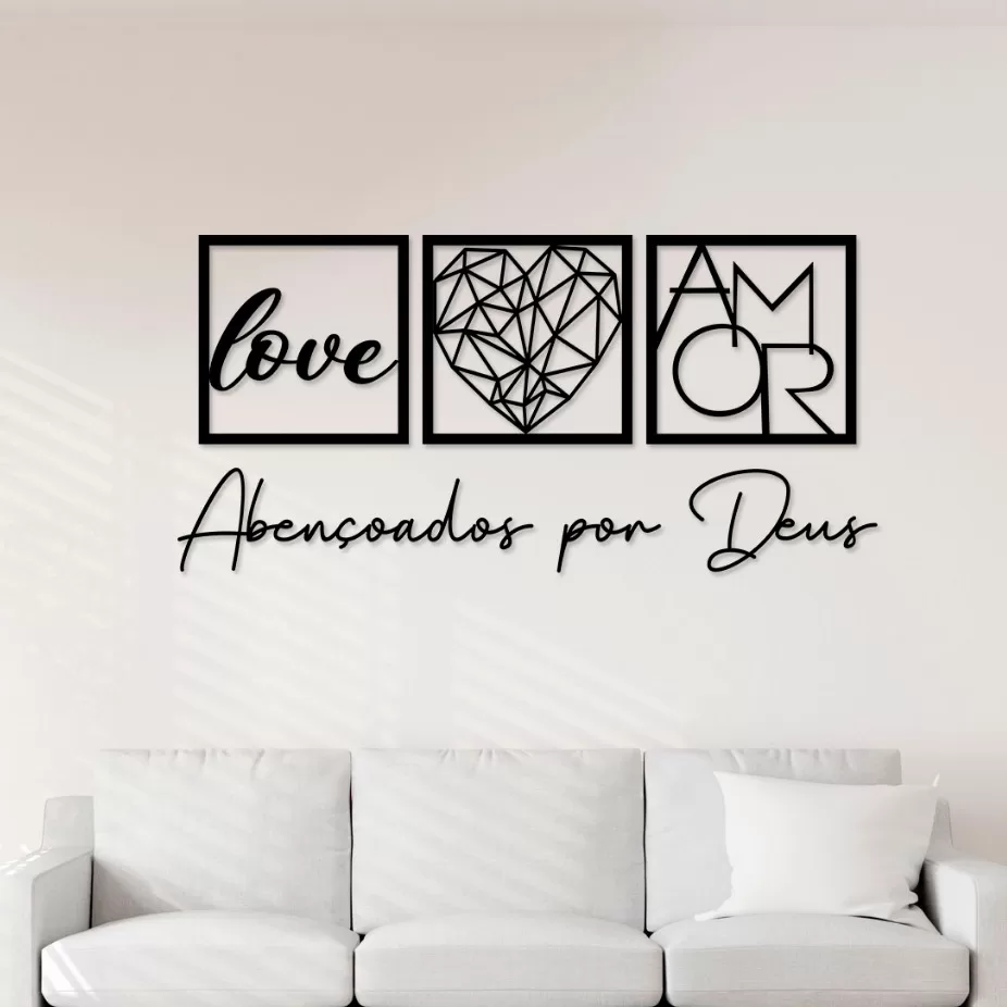 Kit com 3 Quadros Decorativos + Frase Abençoados por Deus – Decoração para Sala e Quarto em mdf