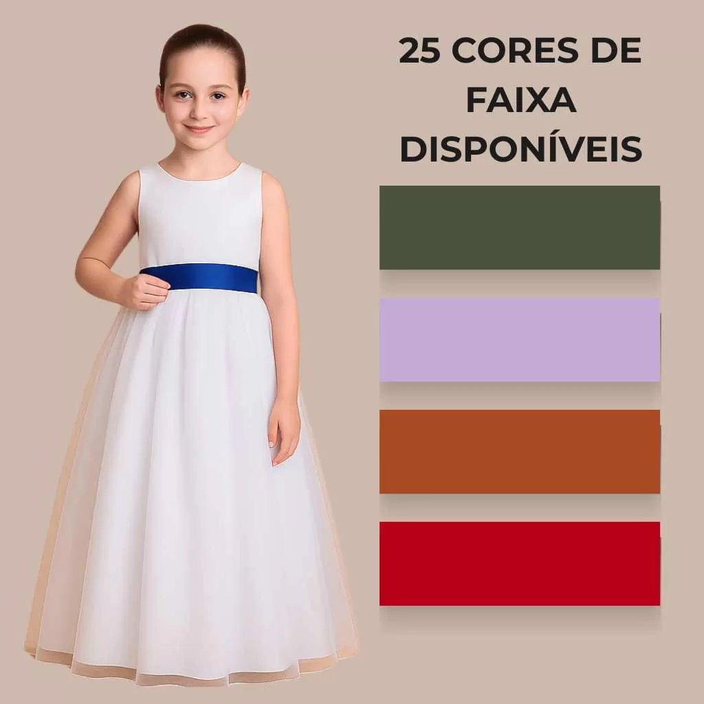 Vestido Dama de Honra  Branco Longo Juvenil Feminino com Faixa Colorida Florista REF4072 36 A 44