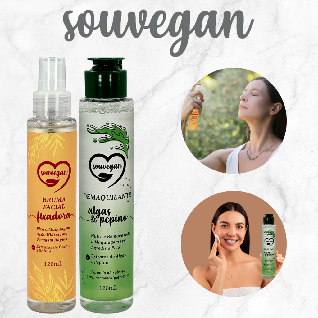 Kit 2 Souvegan Demaquilante Facial e Bruma Facial Fixadora Removedor de Maquiagem