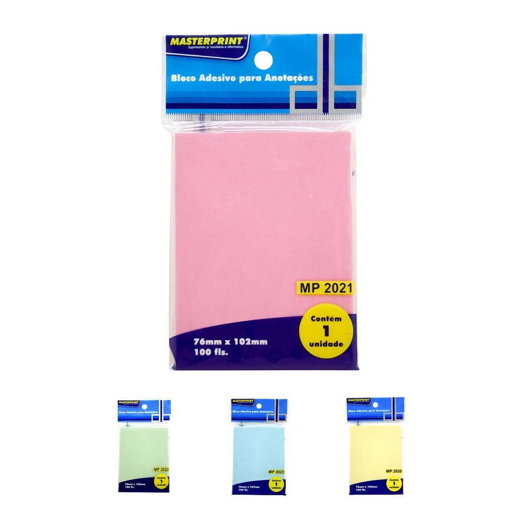 Bloco Adesivo para Anotações 76x102mm com 100 Folhas Masterprint MP – Rosa / Azul / Amarelo / Verde