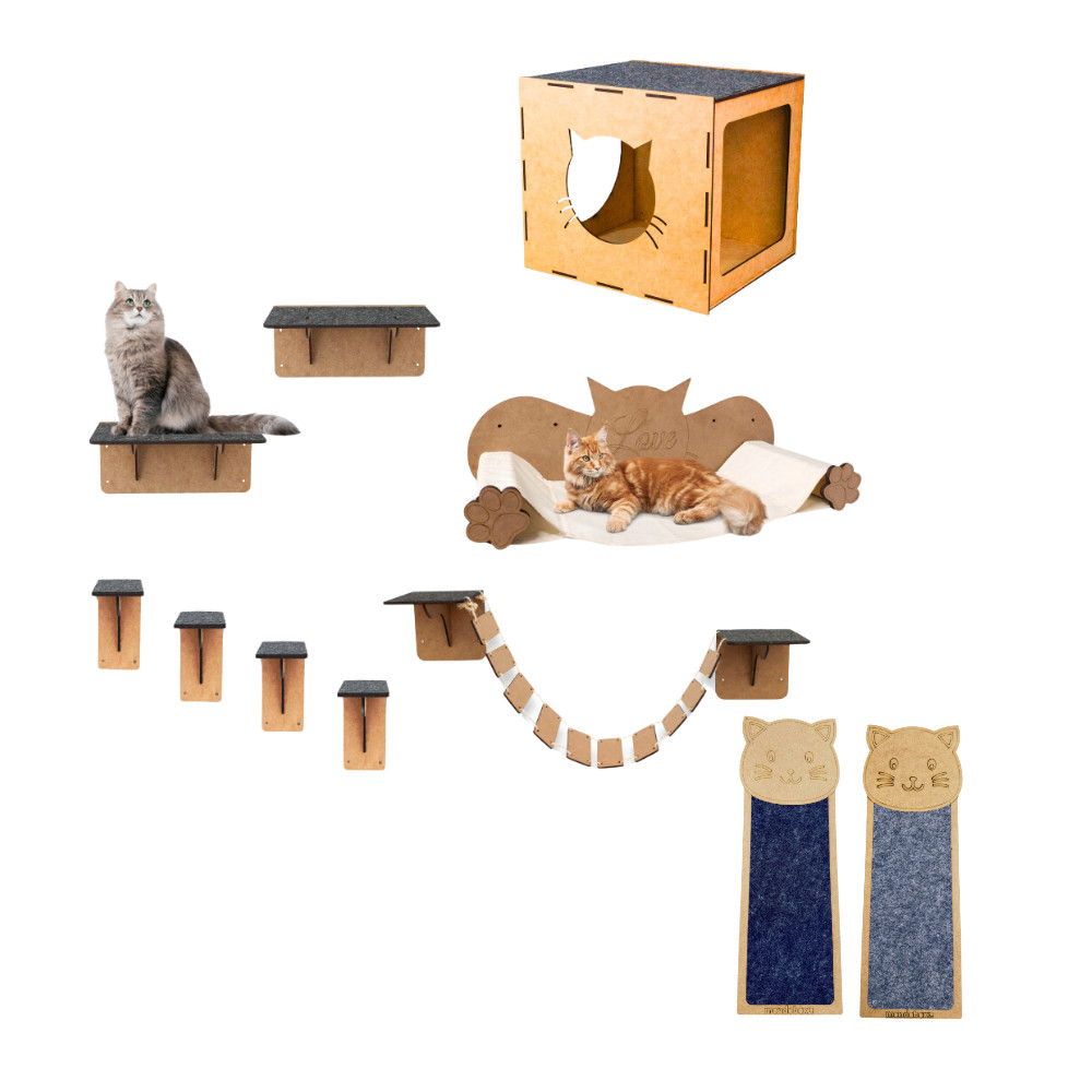 Kit  Playground Para Gato 11 Peças 4mm Brinquedo Em Mdf Nicho Prateleira Degrau Arranhador