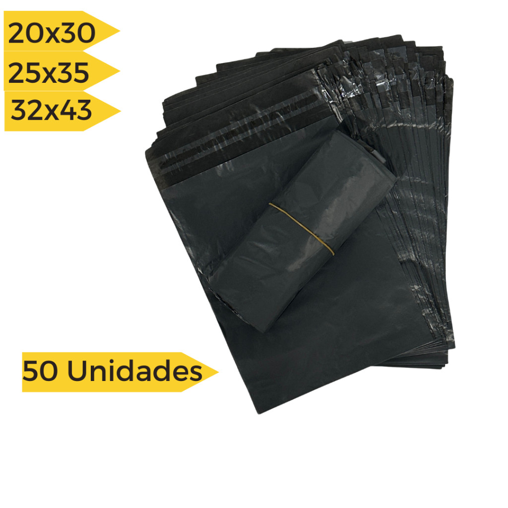 Kit Envelope Plástico Correio e e-Commerce Preto 50 unidades 20X30 25X35 32×43