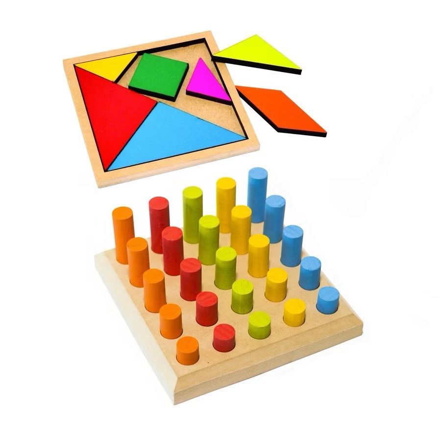 Kit 2 Brinquedos Tangram + Pinos de Encaixe Montessori Educativo TEA Autismo TDAH Coordenação Motora