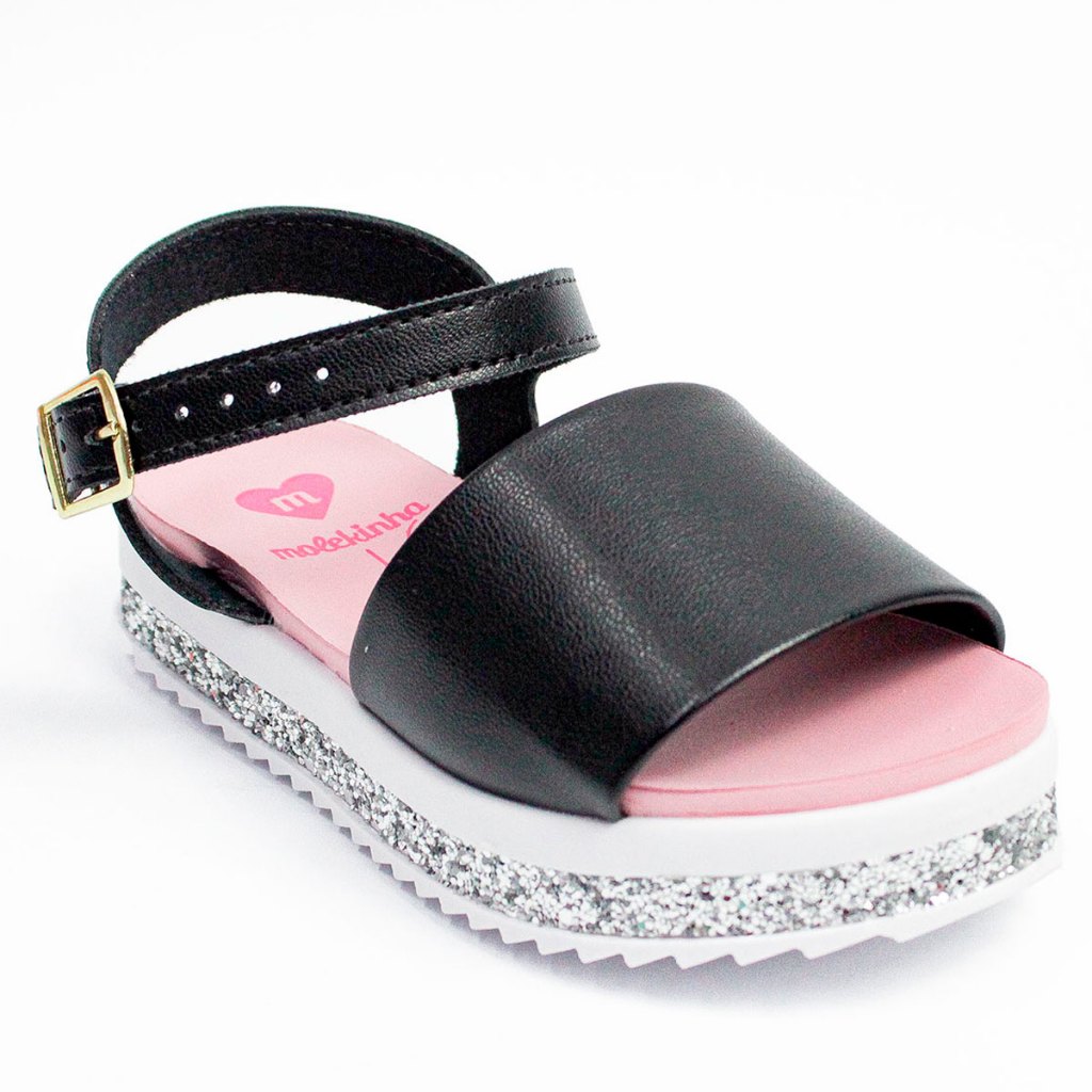 Sandália Molekinha Infantil Menina Casual Glitter Tratorada Preto e Prata