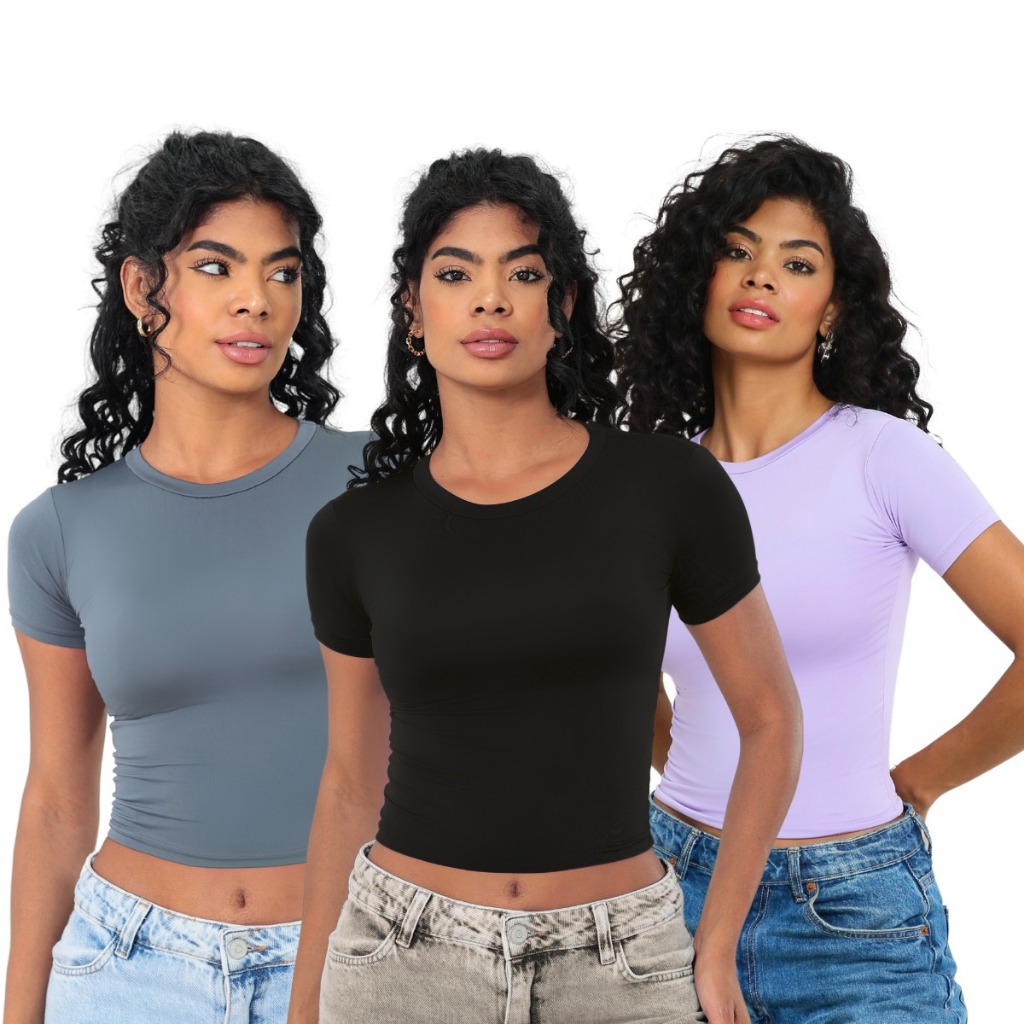KIT 03 – Baby Tee Feminina – Blusa Slim Fit Manga Curta – Blusa Compressão