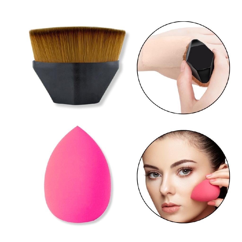 Kit Pincel Mágico Oval + Esponja Base Rosto Pele Maquiagem Contorno Makeup Aplicador Acessório