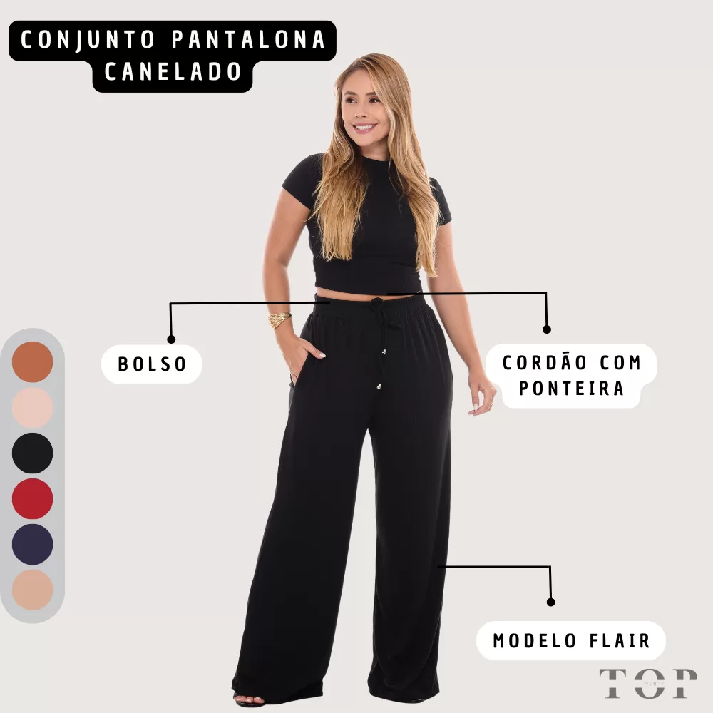 Conjunto Feminino Calça Pantalona com Bolso e Blusa com Gola Alta Malha Canelada