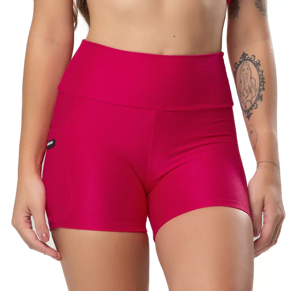 Short Feminino Poliamida Canelado Com Bolso Lateral Massam Fitness