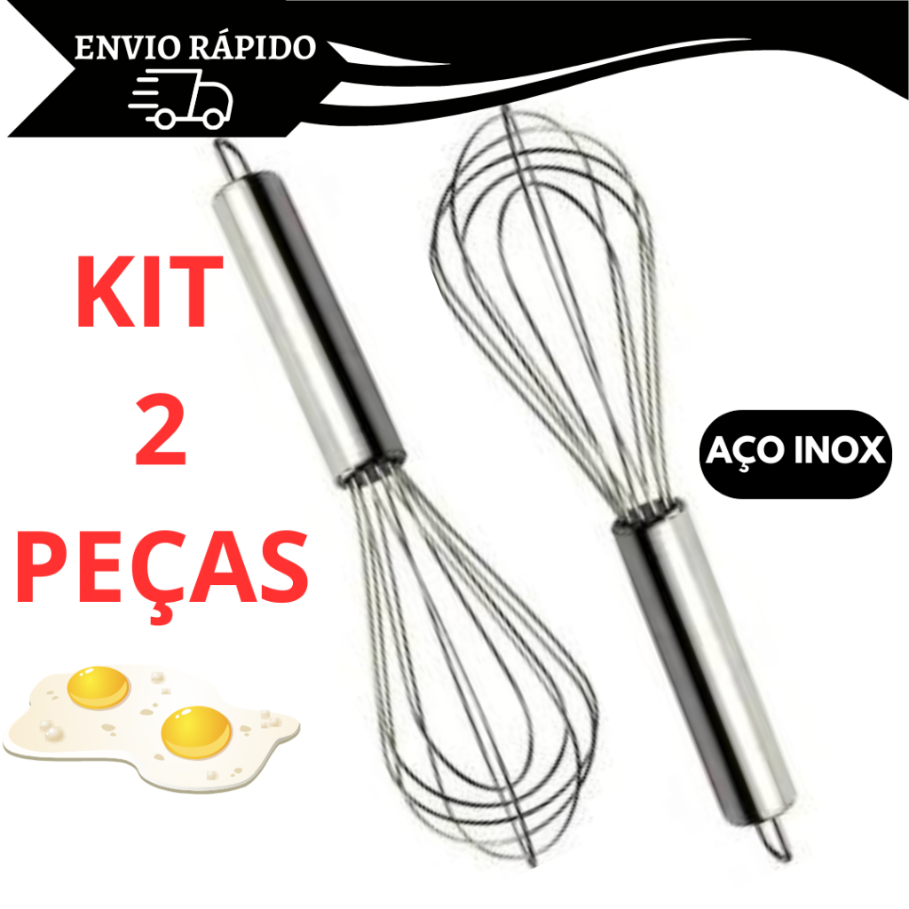 Batedor De Ovos e Massas Em Aço Inox Fouet Fue Profissional Mixer Manual Kit 2 Unidades
