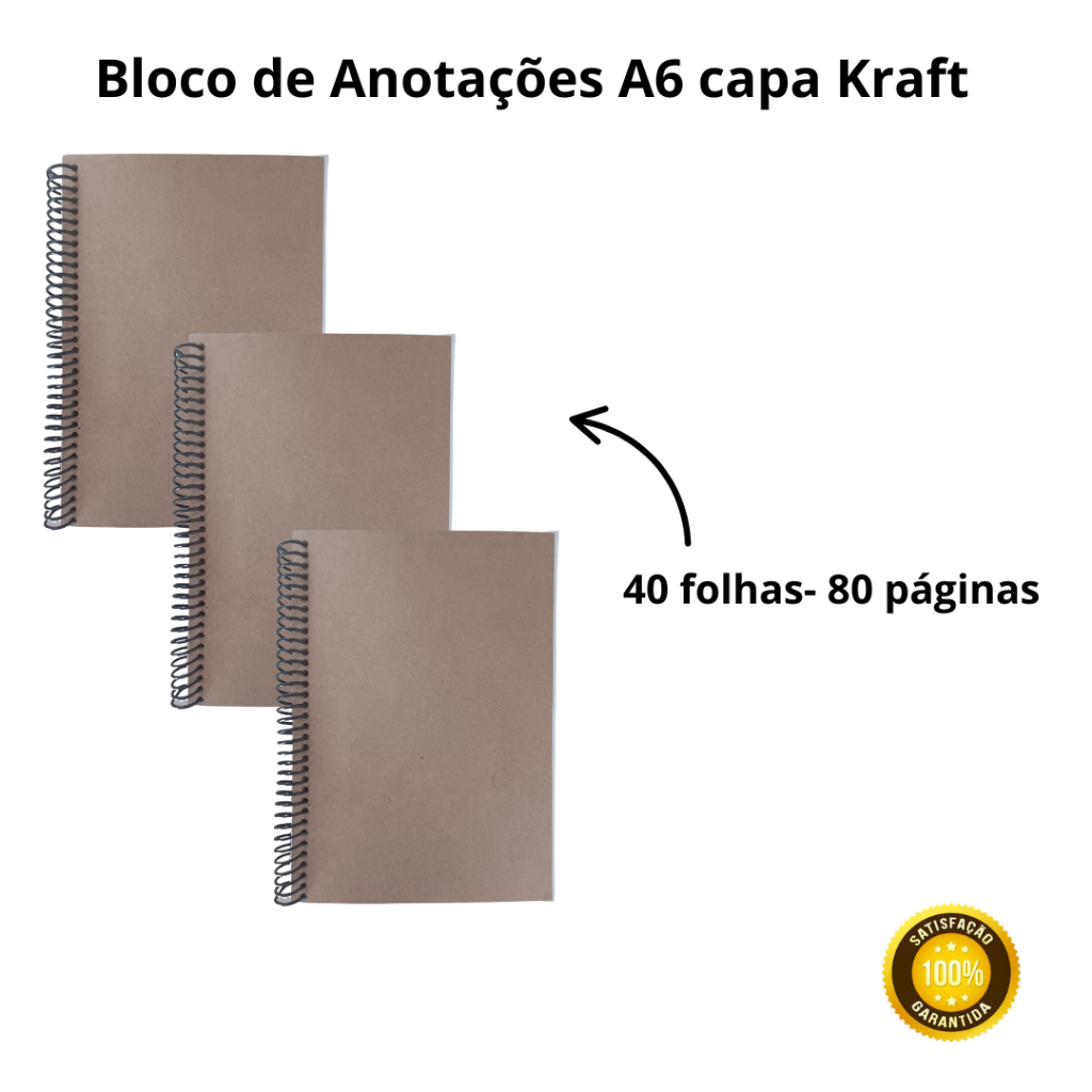 Caderno para Anotações A6  folhas em branco com capa flexível espiral plástico e capa em Kraft
