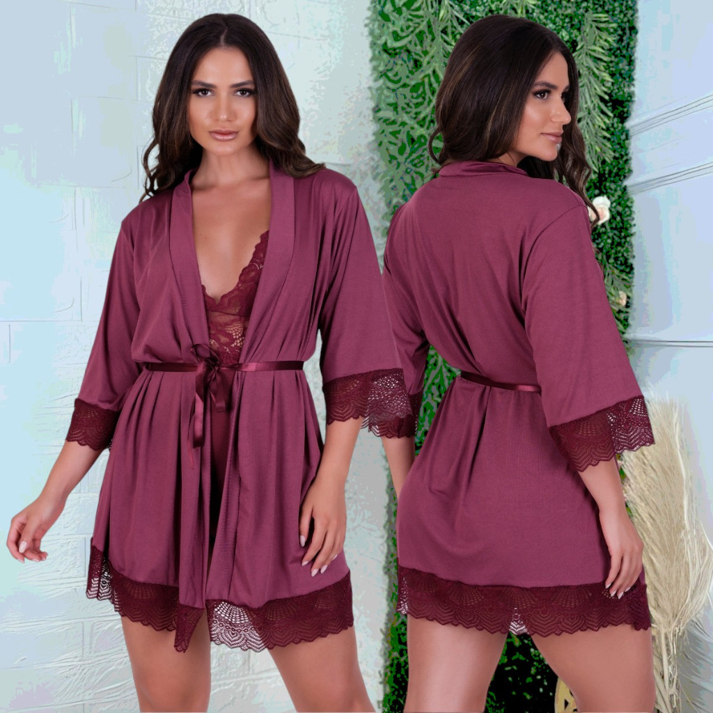 Robe Feminino Sensual de Luxo Manga Curta com Renda Hobby Feminino GNG Lingerie Linha Noite Noiva