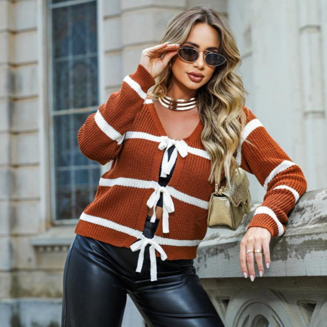Casaco Listrado Tricot Feminino Manga Longa Detalh