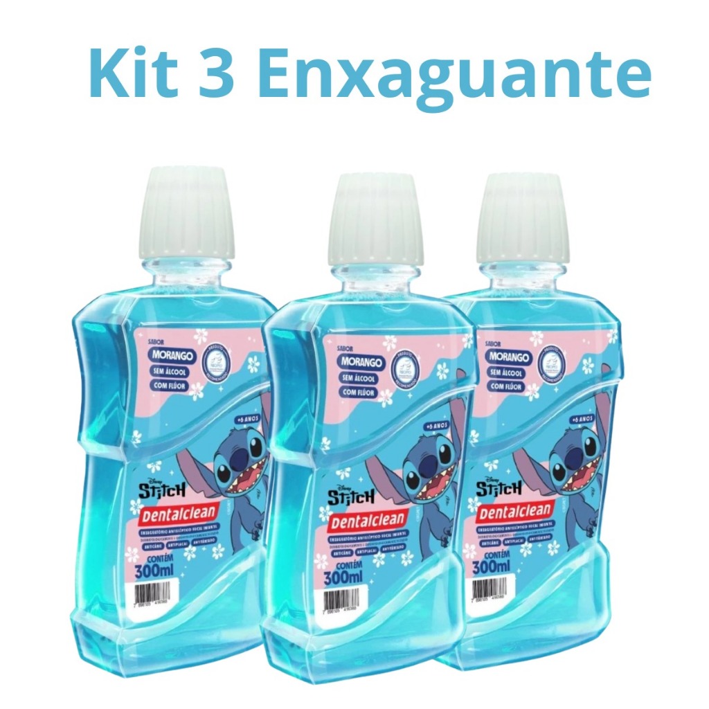 Kit 3 Enxaguante Infantil Dentalclean 300ml Sem Alcool Sabor Morango