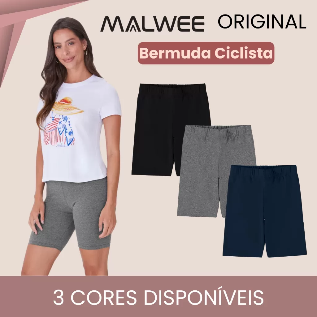 Bermuda Feminina Academia Ciclista Cotton Malwee Básica Algodão Treino Esportivo Conforto Fitness