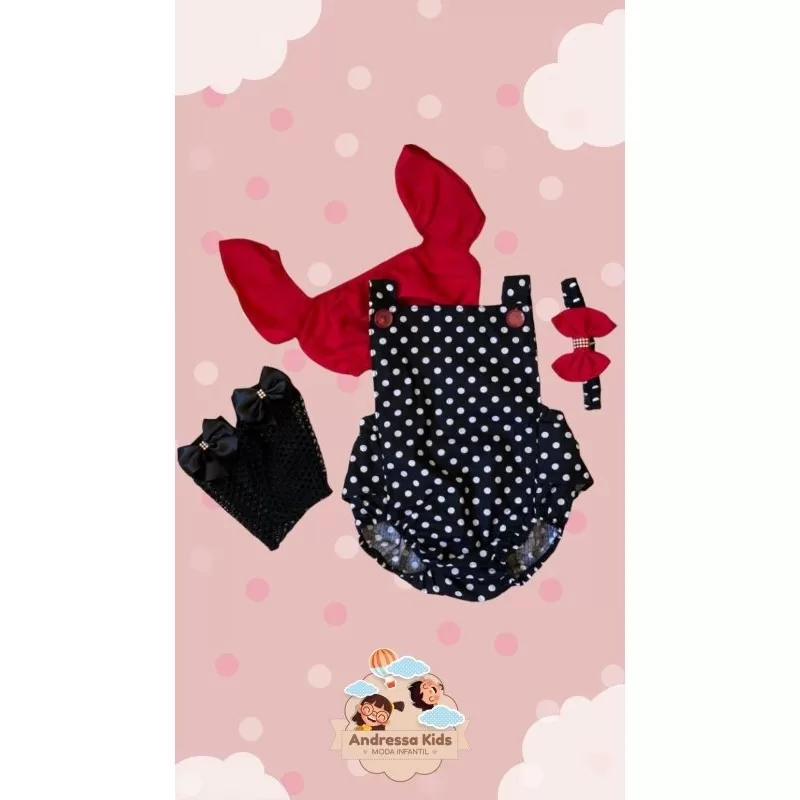 conjunto jardineira preto bolinhas veste até 2 anos