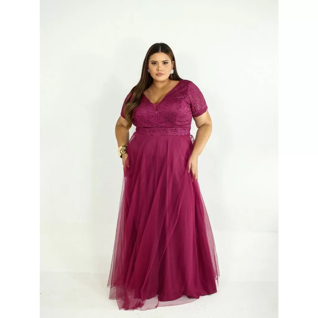 Vestido de Festa longo Plus Size e Slim De Renda Manga Madrinha Formatura Casamento Convidada