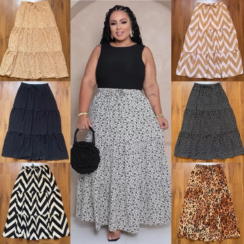Saia longa feminina plus size estampada babado camadas tres marias tecido duna premium elástico.