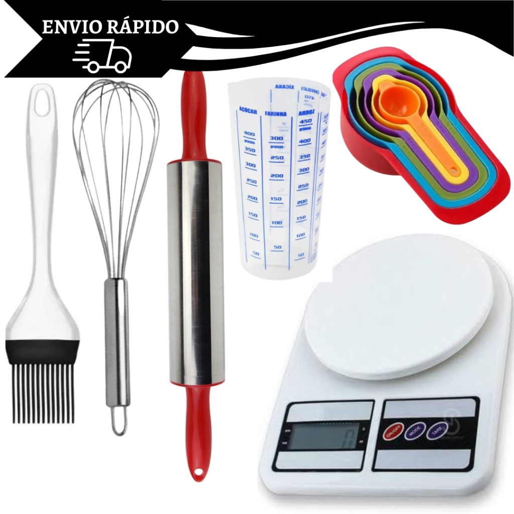 Kit 6 Peças Rolo de Massa Inox Pincel Batedor de Claras Copo Balança Kit 6 Colheres Medidora