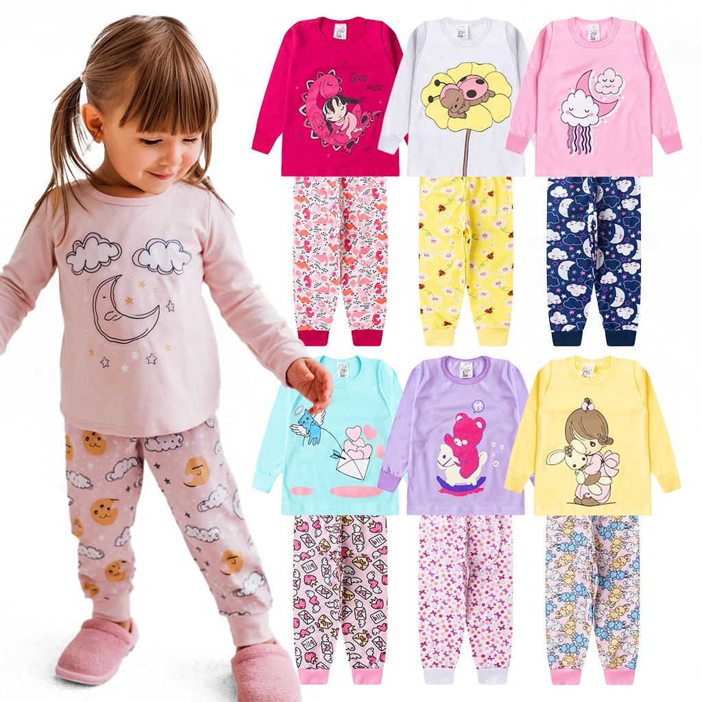 Kit 4 Peças Pijama Sortido Brilha no Escuro Infantil Menina Inverno Roupa Infantil Feminina