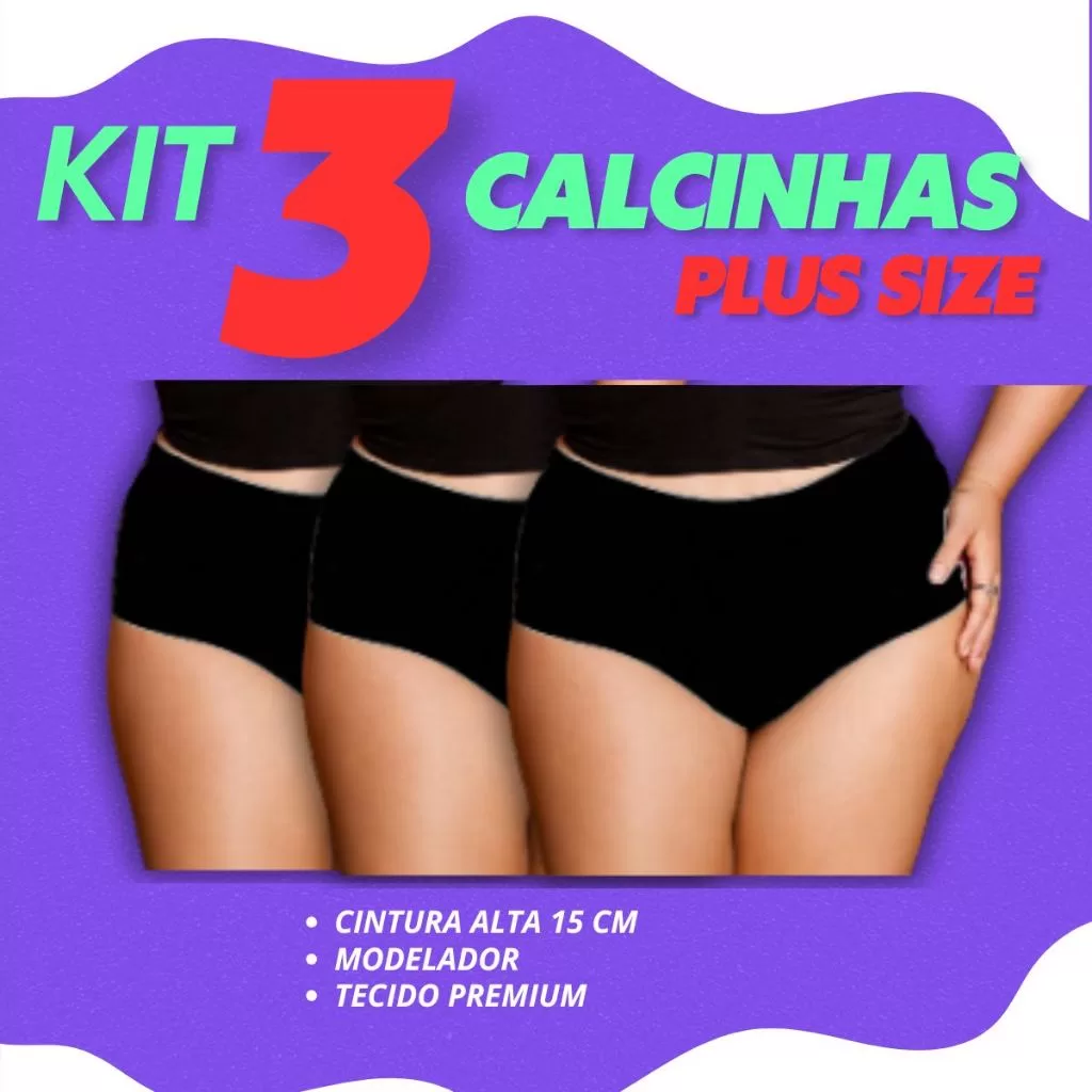 KIT 3 PECAS Calcinha Feminina Pós Parto  Cintura Cós Alta  Duplo Segura Barriga