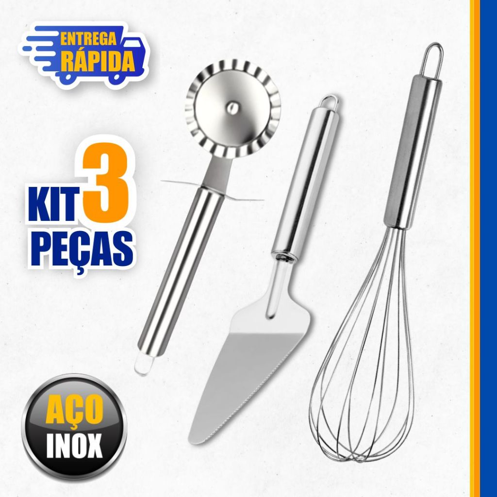KIT Utensílios de cozinha Espatula de Bolo, carretilha e Batedor de Ovo Fouet Fue 30cm