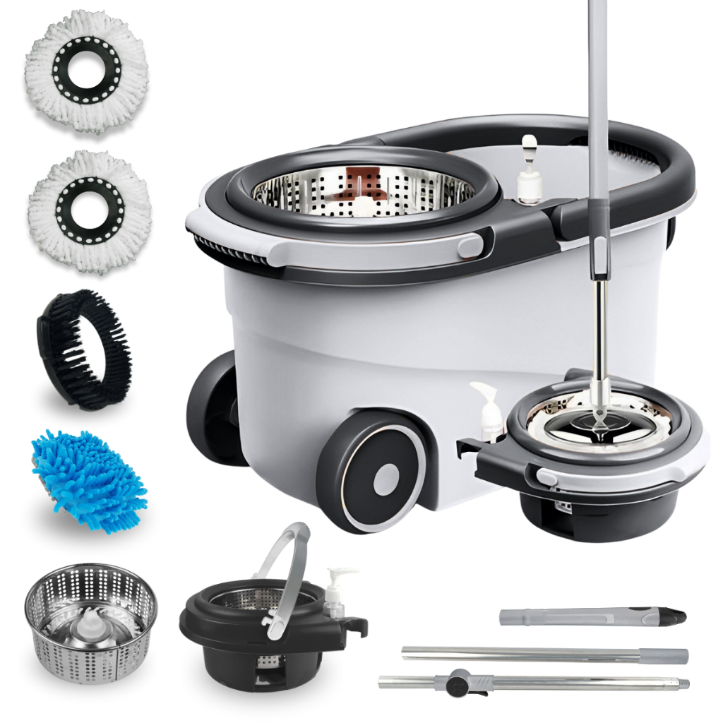 Mop Giratório 360 Cabo 150cm Inox Com Rodas Balde Centrífuga Esfregão Spin Limpeza Porcelanato