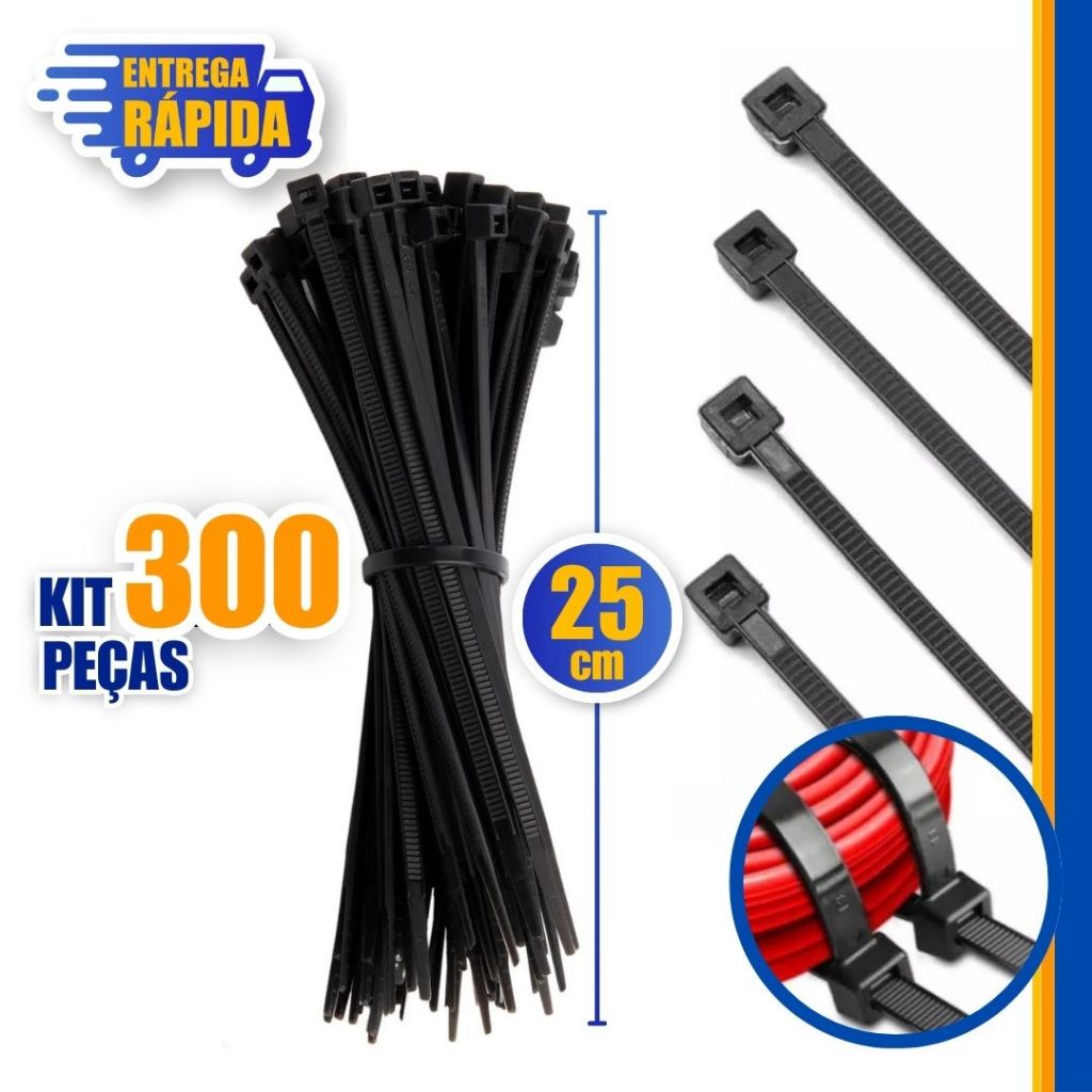 200 Abraçadeira de Nylon Fita Hellermann 4,8mm x 250mm c/ 100 Unidades Cintas Plásticas Preto