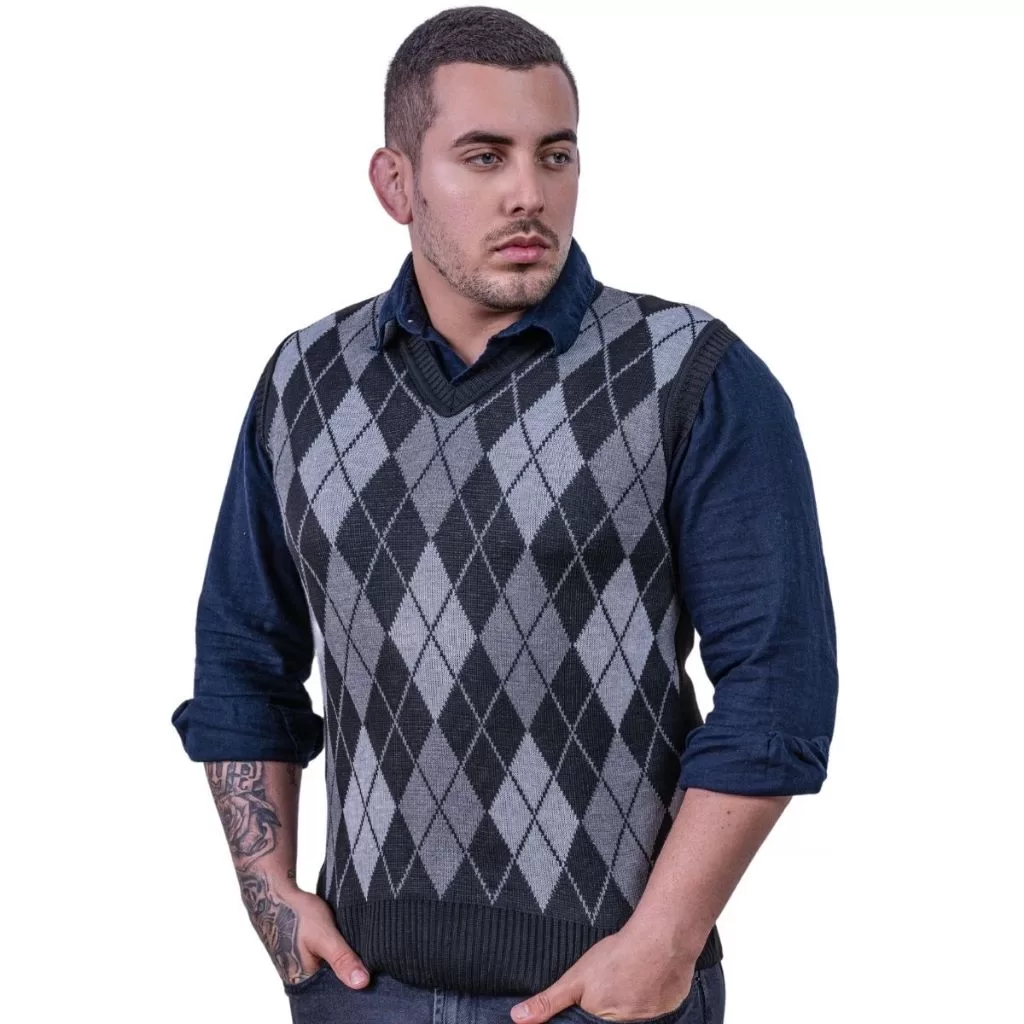 Pulôver Masculino Social Colete Casual Gola Vê Xadrez Estampa Escocesa