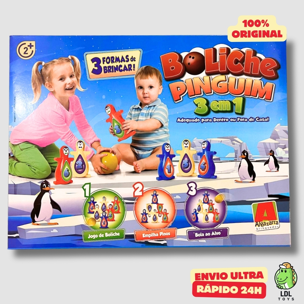 Kit Jogo de Boliche 3 Em 1 Pinguim Brinquedo Infantil Com 6 Pinos + 2 Bolas Algazarra