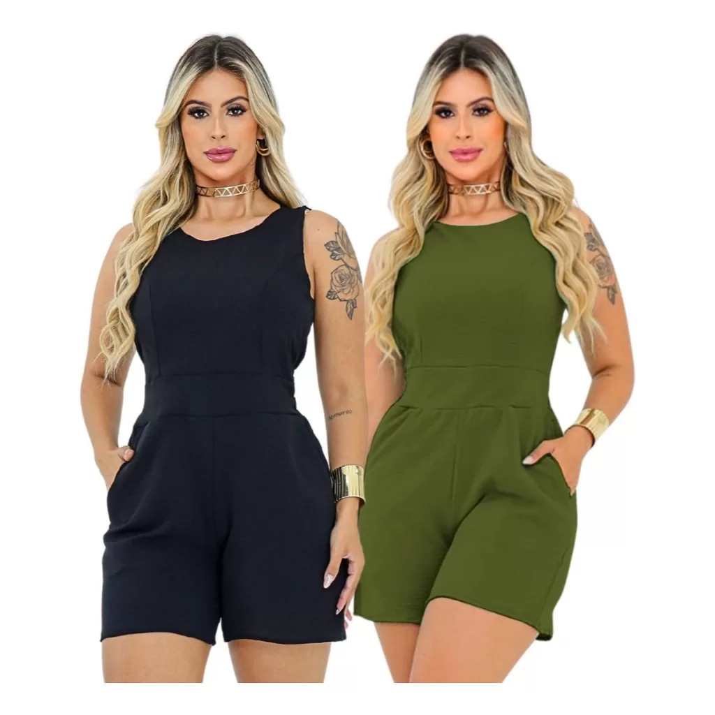 Kit 2 Macaquinho Curto Feminino Duna Com Bolsos Moda Verão