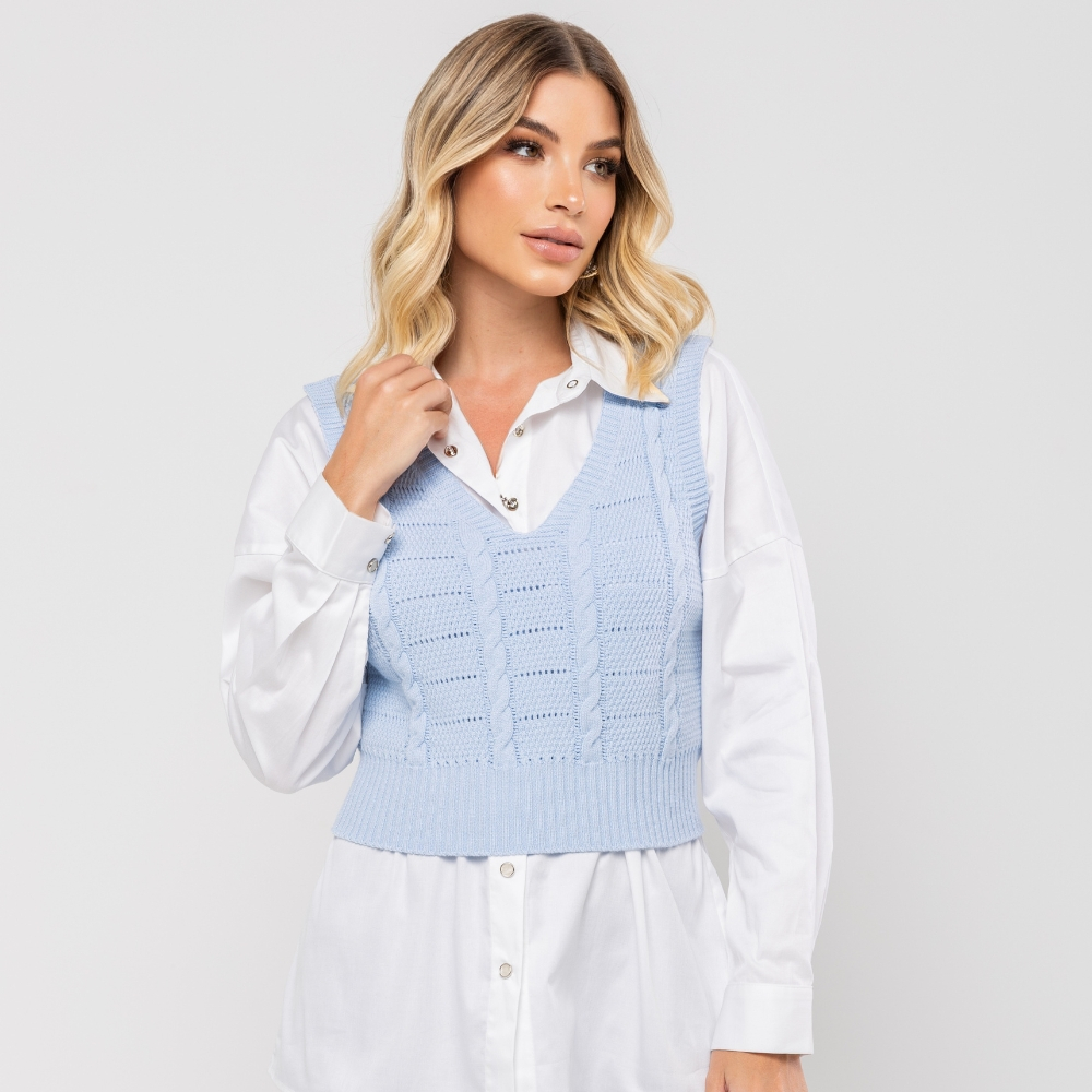 Colete Curto Feminino de Tricô com Gola V Elegante