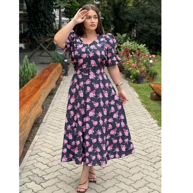 Vestido Feminino Moda Evangélica Midi Manga Curta