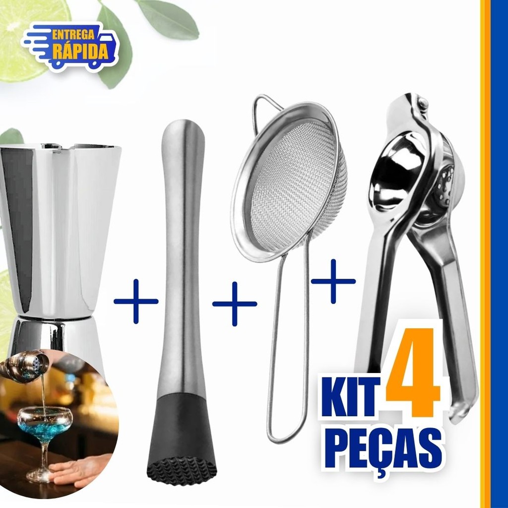 Kit 4 peças Peneira 12, Espremedor de limão,  Socador, Dosador duplo 25 e 50 ml Inox Bartender Prof